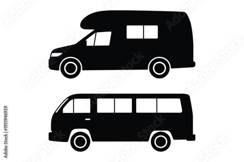 Camper van and minibus vector icons illustration with road trip