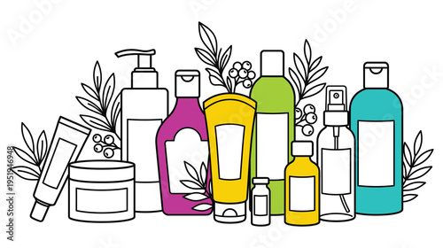 Cosmetic products set with cream jars bottles and botanical elements