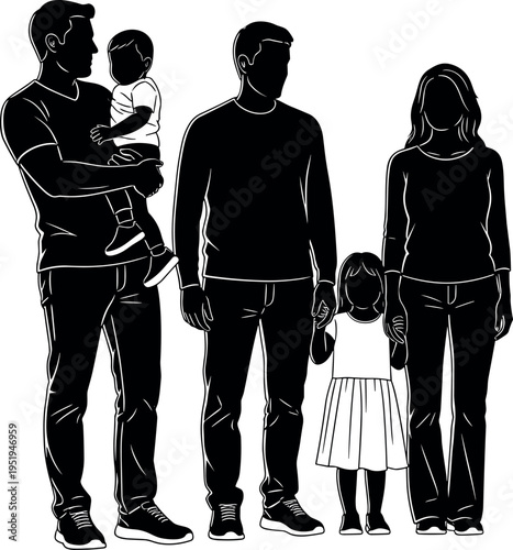 Silhouette vector illustration of family group, parents with children, casual clothing, family unity concept, demographic icons, social relationship graphics