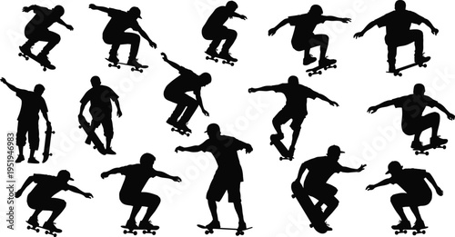 Skateboarder silhouettes performing tricks and stunts, dynamic poses mid-air, balancing, crouching, vector illustration of skateboarding culture and motion