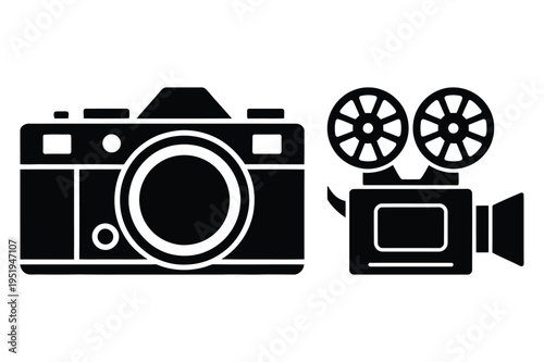 Vector silhouette icons of vintage camera and film projector