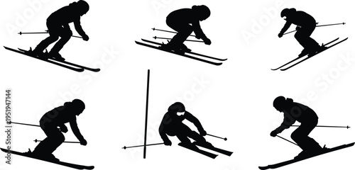 Skiing silhouettes of athletes in dynamic poses, downhill motion, slalom competition, winter sports, speed, balance, vector illustration