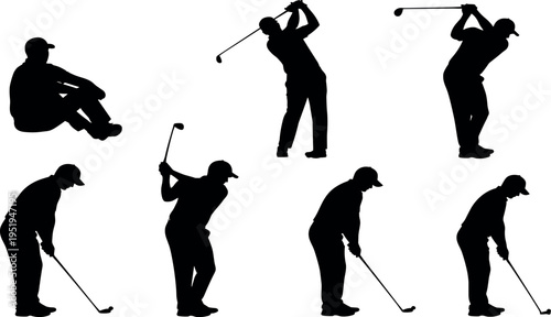  Silhouette vector illustration of golf players, swinging, preparing, hitting ball, dynamic sports poses, athletic movement sequence, golfing activity icons