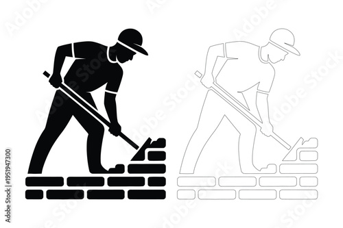 Bricklayer working on wall vector icons black and white
