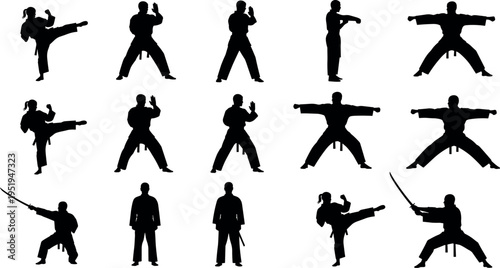  Silhouette vector illustration of martial artists in dynamic poses, high kicks, defensive stances, sword techniques, combat discipline design