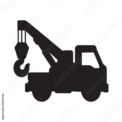 Construction equipment icon. Truck with hook for transporting heavy loads. Sticker for social networks and instant messengers. Transportation and logistics concept. Cartoon flat vector illustration
