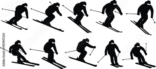 Skier silhouettes in downhill motion, dynamic poses with ski poles, winter sports technique, balance progression, skiing vector illustration design
