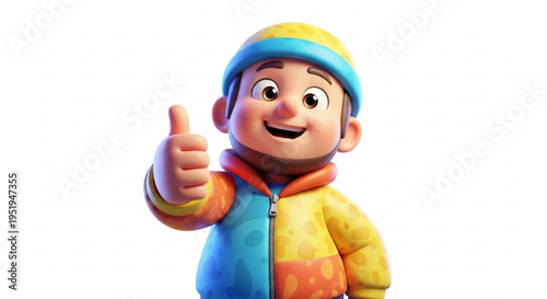 A cheerful cartoon boy giving a thumbs up in a colorful outfit