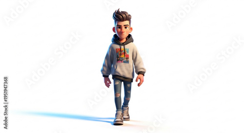 A 3D cartoon illustration of a young man wearing a hoodie and jeans standing against a white background
