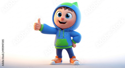 A cheerful cartoon boy wearing a blue and green hoodie giving a thumbs up
