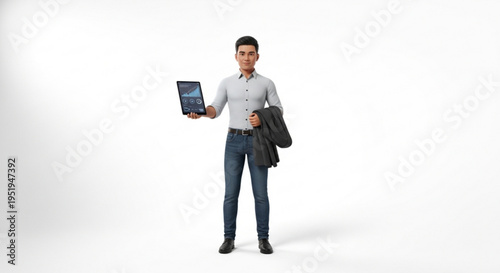 A young professional man holding a tablet and jacket in a modern business setting