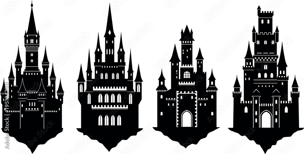 Fototapeta premium Silhouette vector illustration of medieval castles, towers, turrets, battlements, fantasy architecture icons, historical fortress graphics, fairytale structures