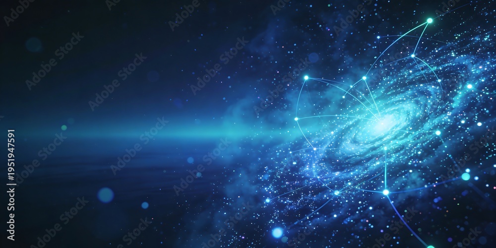 Fototapeta premium Abstract digital network connecting glowing points in a swirling galaxy background