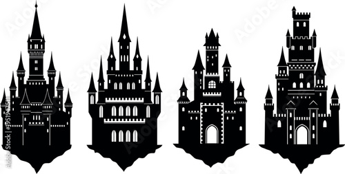  Silhouette vector illustration of medieval castles, towers, turrets, battlements, fantasy architecture icons, historical fortress graphics, fairytale structures