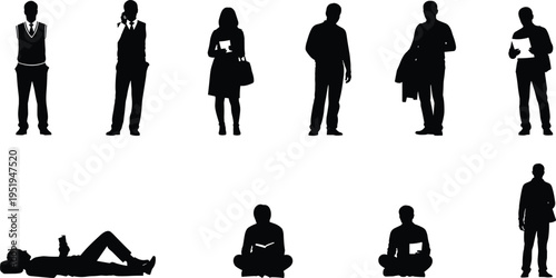 Silhouettes of people in diverse postures, standing, sitting, lying, reading, phone use, vector illustration for design, animation, lifestyle, activity collection