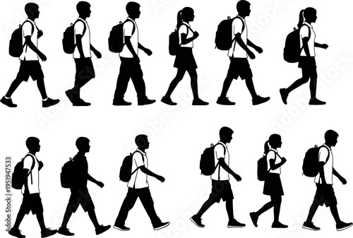 Silhouette icons of students walking, backpacks, school uniforms, educational life, youth progression, academic journey vector illustration design