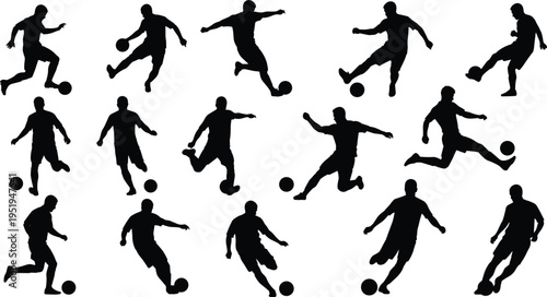 Soccer player silhouettes in dynamic poses, football action vector illustration, athletic movement artwork, sports training lifestyle