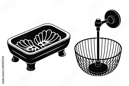 Silhouette illustration of antique soap dish and wire basket