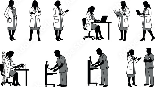  Silhouette vector illustration of medical professionals in lab coats, doctors working, consulting, using equipment, symbolizing healthcare teamwork and dedication