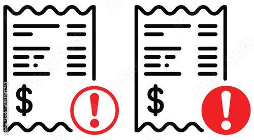 Payment error and invoice warning icon, indicating unpaid bills, transaction failure, billing alert, and financial risk notification vector