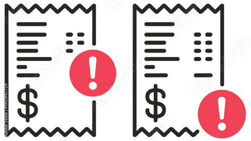 Invoice payment warning icon, error sign symbol, payment issue alert, billing problem notification, and financial caution concept vector