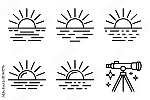 Sunrise and sunset icons vector illustration with telescope