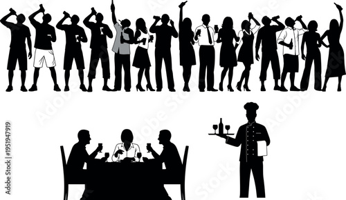  Silhouette vector illustration of people celebrating, party gathering with drinks, dining table toast, waiter serving, festive social interaction design
