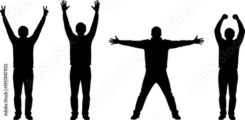 Silhouettes of people in expressive standing poses with raised arms, peace signs, fists, and spread legs for symbolic gesture illustration