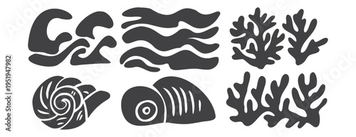 Linocut sea shell and coral vector set. Black ocean waves and seaweed illustration in Matisse block print style. Vintage nautical engraving, isolated organic marine elements for branding and decor