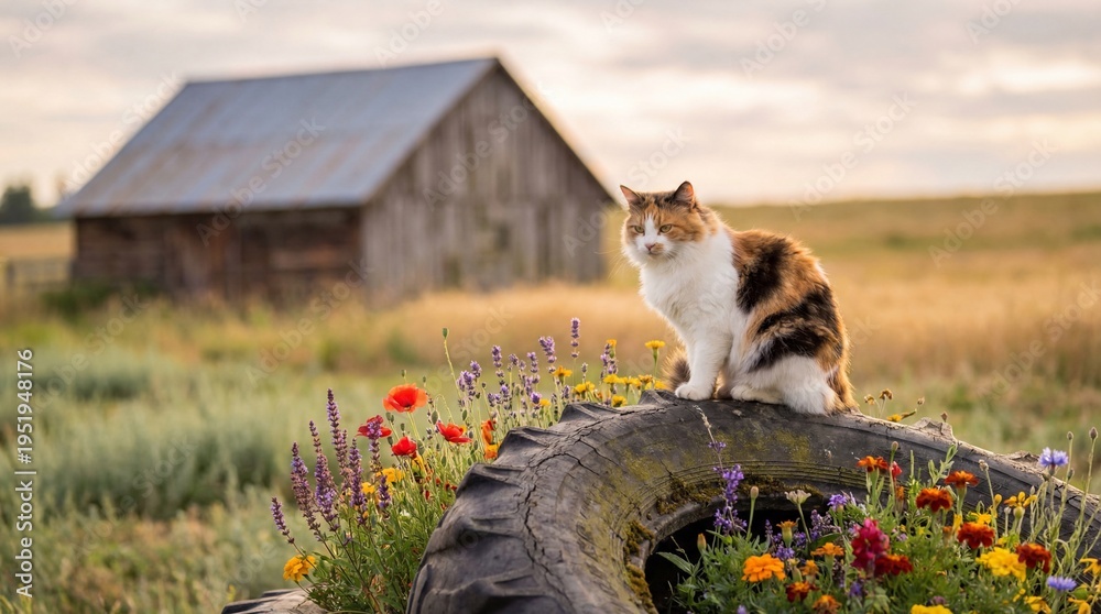 Obraz premium A calico cat sits on a tire filled with colorful wildflowers in a serene rural landscape with a rustic barn in the background.