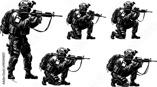 Soldier silhouette vector illustration with tactical gear, rifles, crouching and kneeling combat poses, military defense artwork, armed forces design inspiration