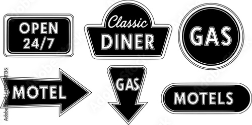 Vector illustration of vintage black and white roadside signs for diner motel gas station and open 24/7 establishment. Transparent background EPS version.