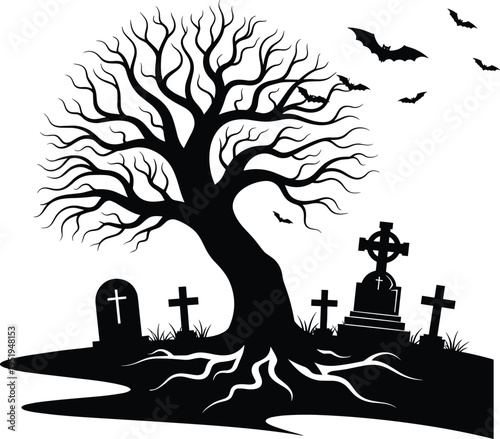 Spooky graveyard silhouette with twisted tree, gravestones, bats flying, eerie Halloween vector illustration for gothic, horror, and design projects