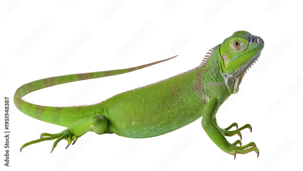 Fototapeta premium Vibrant green iguana, a tropical reptile with detailed scales and a long tail, isolated PNG on transparent background, perfect for wildlife designs