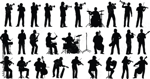 Silhouettes of diverse musicians performing with instruments including guitar, violin, trumpet, saxophone, cello, drums, showcasing musical artistry and dynamic performance