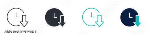 Time down icons, clock with downward arrow symbol, deadline and time decrease icon in line and silhouette style, vector illustration