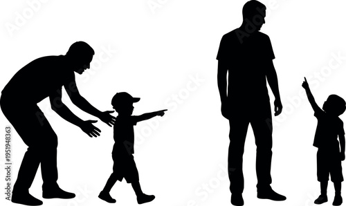 Silhouette illustration of adult guiding child, parenting vector artwork, family interaction design, educational communication graphics for creative background