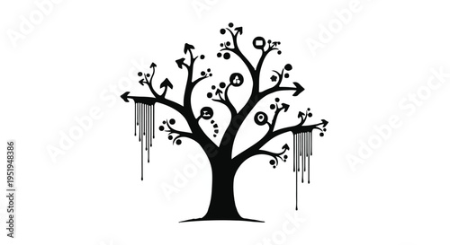 Black silhouette tree with creative abstract branches and dripping city buildings urban landscape modern illustration