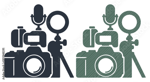 Digital media creation tools: camera, microphone, and ring light icons
