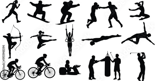 Sports silhouettes of athletes in diverse activities, fitness vector illustration, physical movement artwork, health lifestyle concept, athletic design