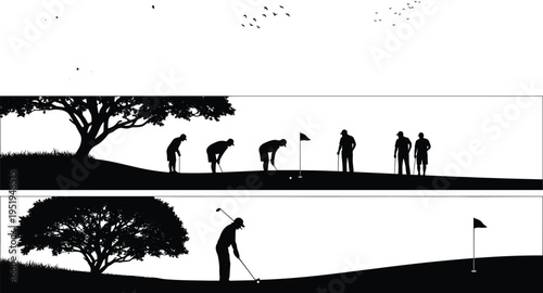 Silhouette illustration of golf scenes, players, trees, flagstick, birds flying, vector design for cataloging, classification, sports, SEO optimization