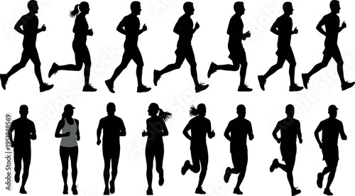  Silhouette vector illustration of runners, male and female athletes, dynamic stride sequence, sports icons, human motion study, athletic activity graphics