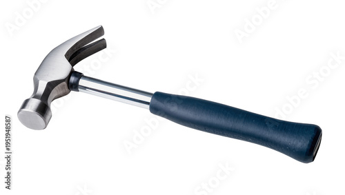 Durable metal claw hammer with a polished head and ergonomic dark blue rubber handle, isolated, essential tool for construction and home repair projects PNG