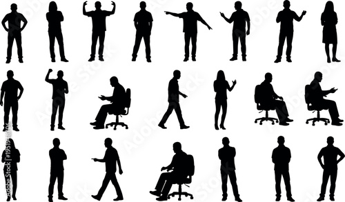 Silhouettes of people in varied poses, standing, sitting, gesturing, walking, showing body language, posture, everyday activities