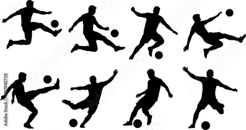  Silhouette vector illustration of soccer players in action, dynamic poses, dribbling, kicking ball, sports icons, athletic movement graphics