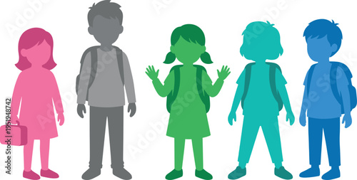 Silhouette vector illustration of school children with backpacks and lunchbox, colorful design representing education, learning, and childhood activities