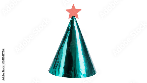 Vibrant metallic teal party cone hat with a bright pink star on top, a festive accessory for birthdays and celebrations, isolated on a transparent background