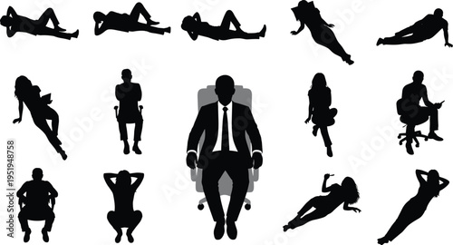 Silhouettes of diverse people in seated and reclining poses surrounding central business leader, authority, professionalism, contrast leisure, teamwork, corporate concept illustration