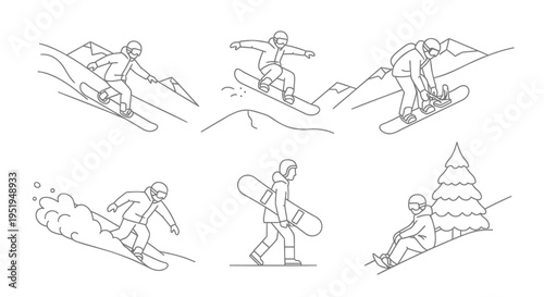 Set of 6 snowboarders vector illustrations