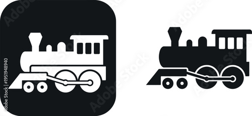 Steam locomotive icon illustration set, black and white vector artwork showing stylized train silhouette for signage and creative background design